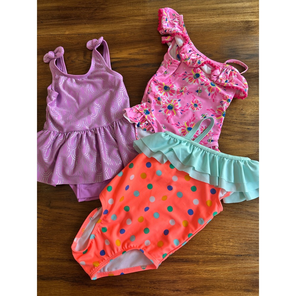 Lot of 3 Girls 2T Swimsuits Tommy Bahama Floral Cat & Jack Polka Dot Mermaid